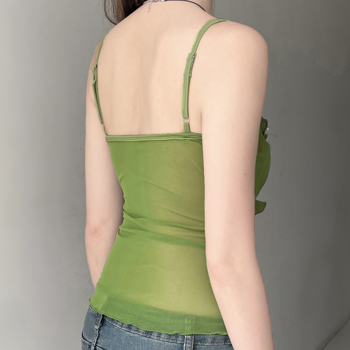 Ruffle u neck mesh textured green cami top  | Festival Outfits Women