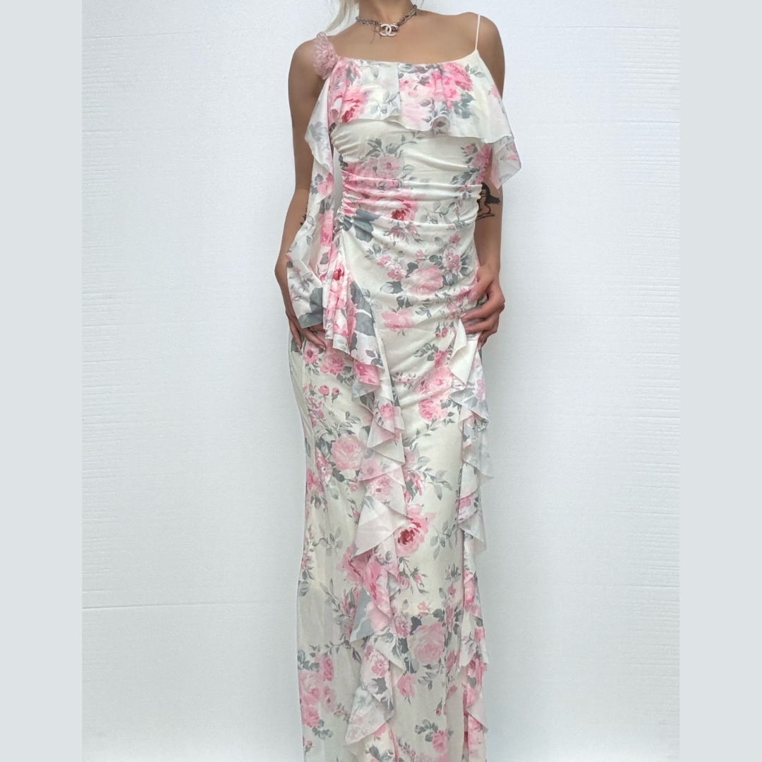 Flower print mesh ruffle cami maxi dress  | Festival Outfits Women