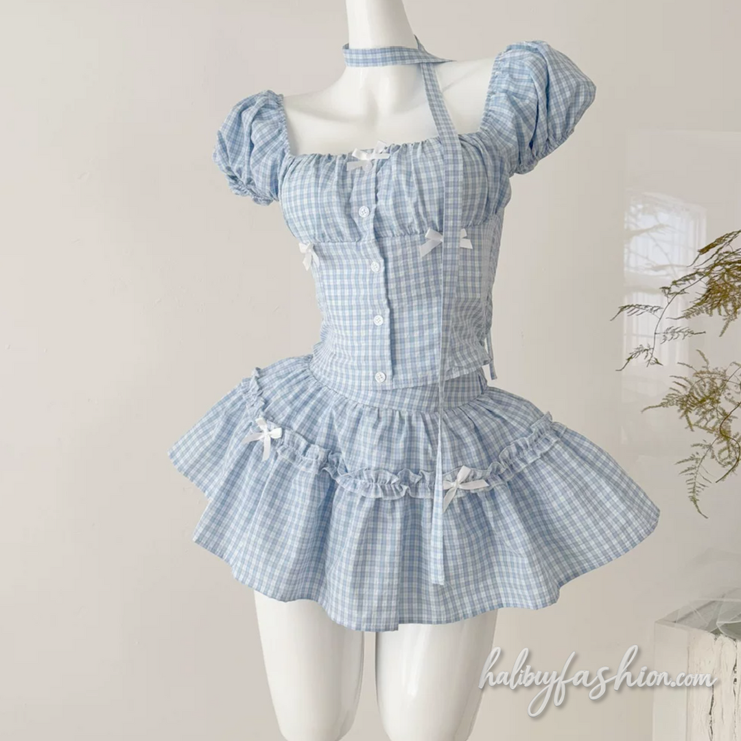 Bowknot plaid puff sleeve ruched square neck mini skirt set - Halibuy - 3
