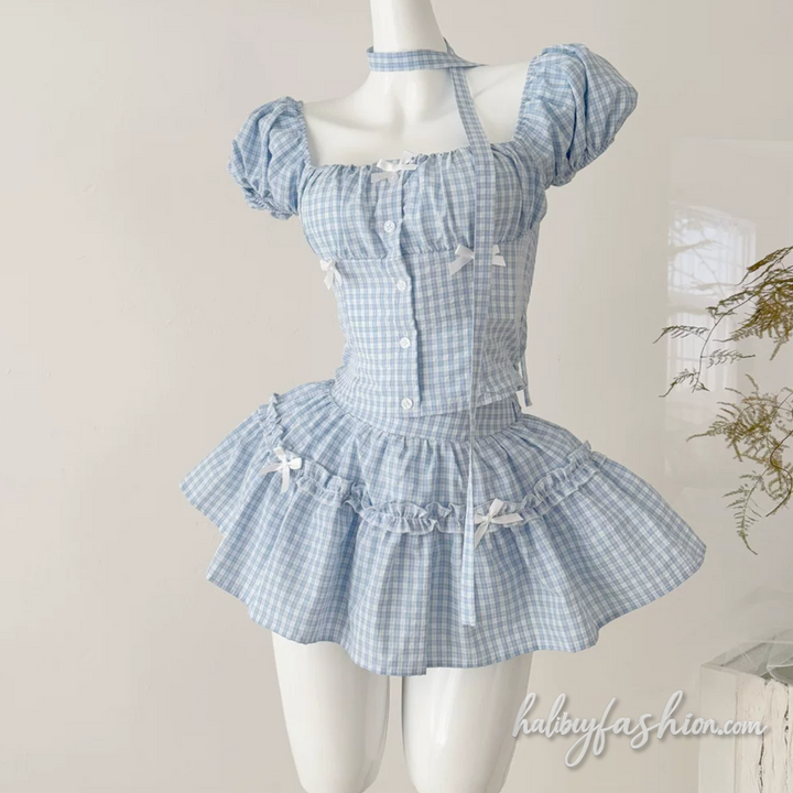 Bowknot plaid puff sleeve ruched square neck mini skirt set - Halibuy - 3