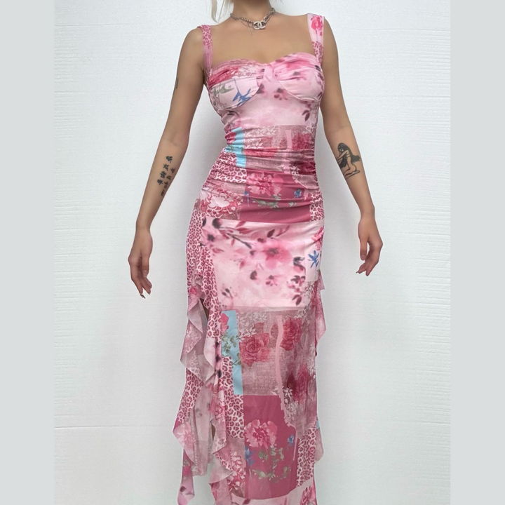 Slit print ruffle v neck tank maxi dress  | Festival Outfits Women