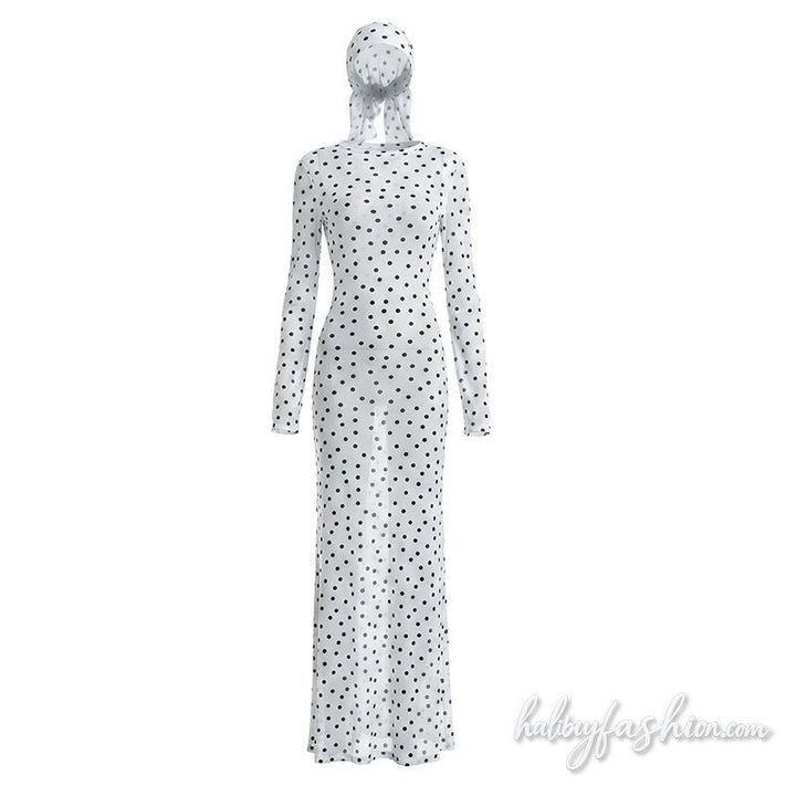 Polka dot long sleeve sheer mesh crewneck maxi dress - Halibuy