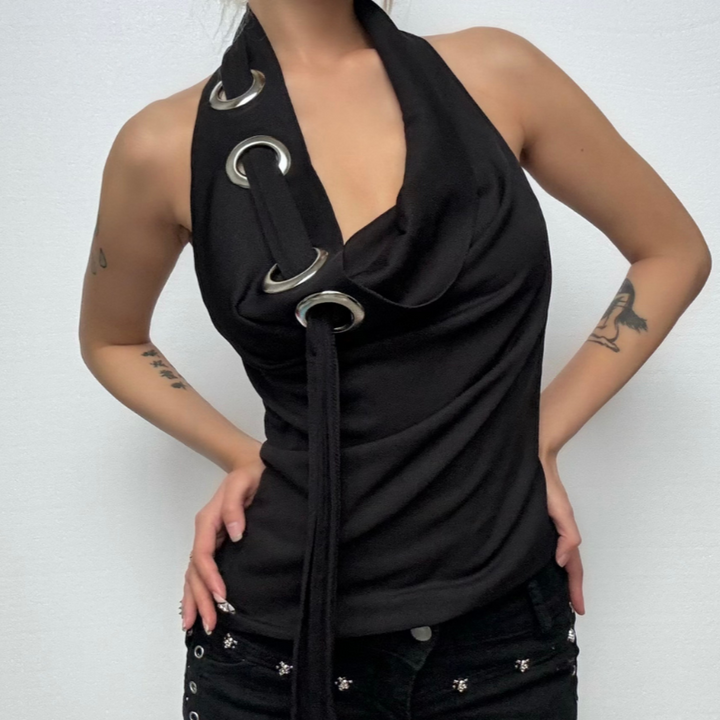 Halter backless hollow out ribbed cowl neck solid cut out top