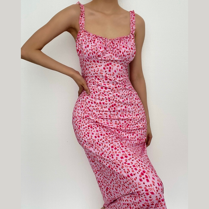 Flowers contrast print ruffle ruched square neck backless cami midi dress-final-sale