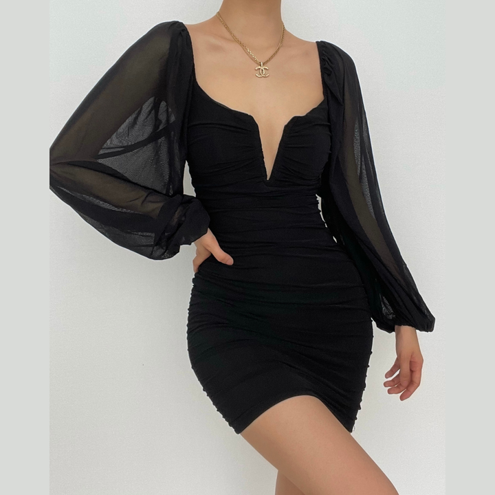 Mesh solid long sleeve ruched notch neck zip-up mini dress-final-sale  | Festival Outfits Women