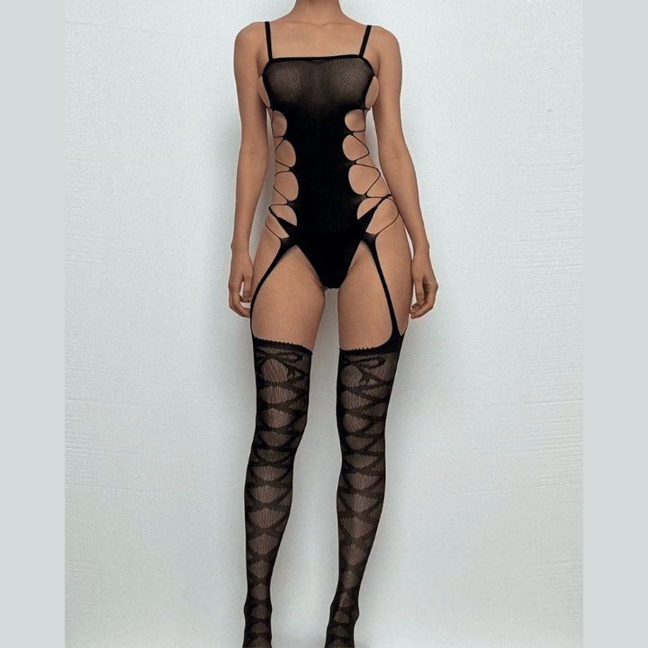 Hollow out bandage solid open crotch suspender bodystocking  | Festival Outfits Women