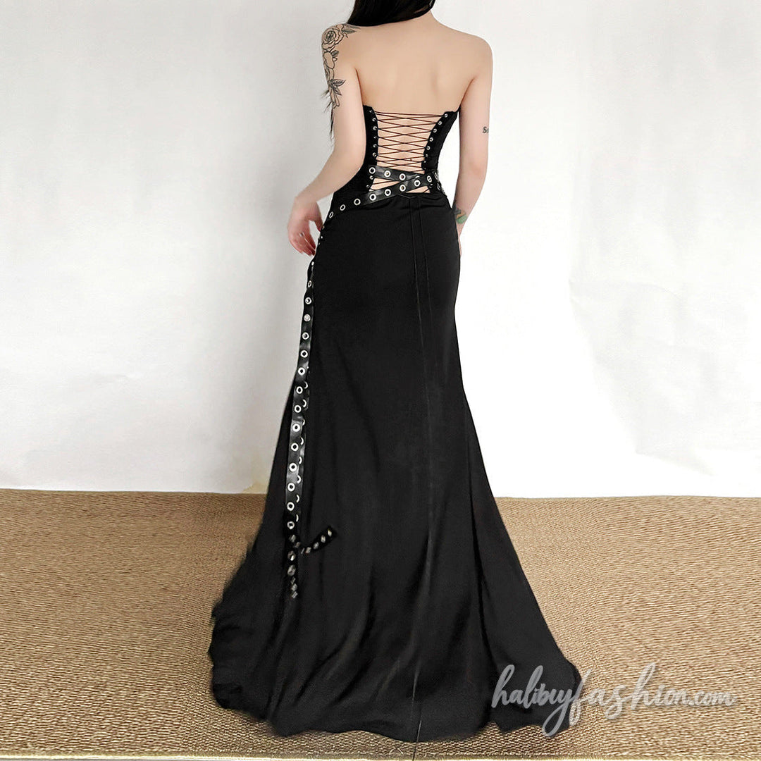 Irregular lace up backless solid tube maxi dress