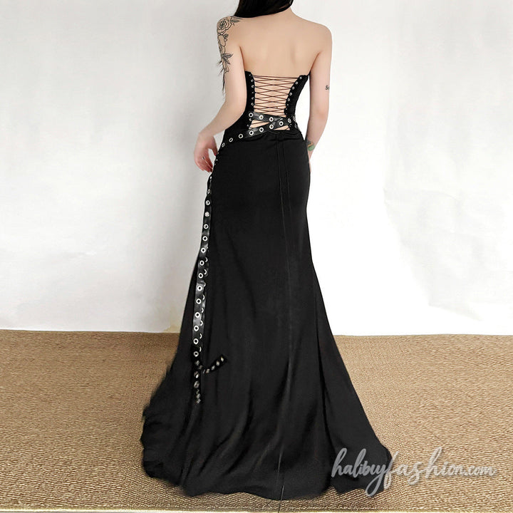 Irregular lace up backless solid tube maxi dress