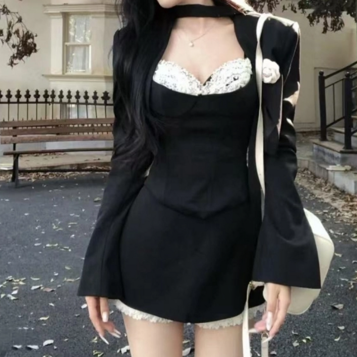Long sleeve lace hem cami 3 piece mini skirt set  | Festival Outfits Women