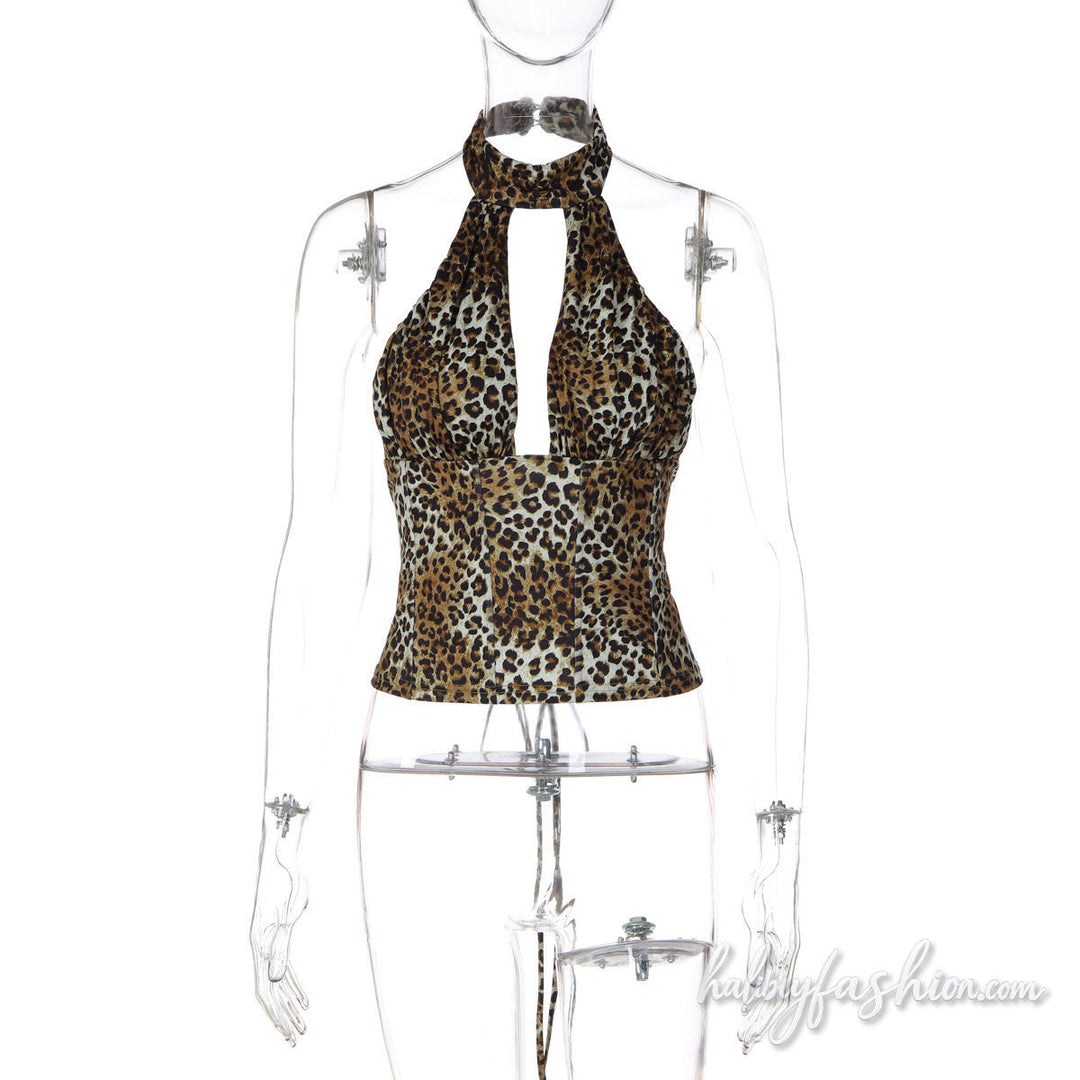 Leopard print halter button lace up hollow out top - Halibuy - 3