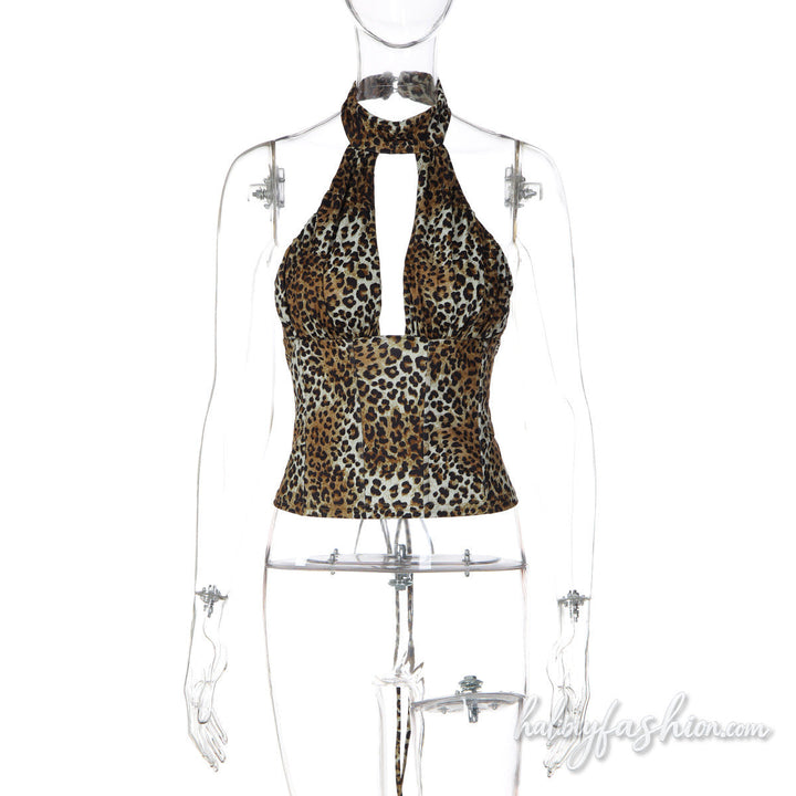 Leopard print halter button lace up hollow out top - Halibuy - 3