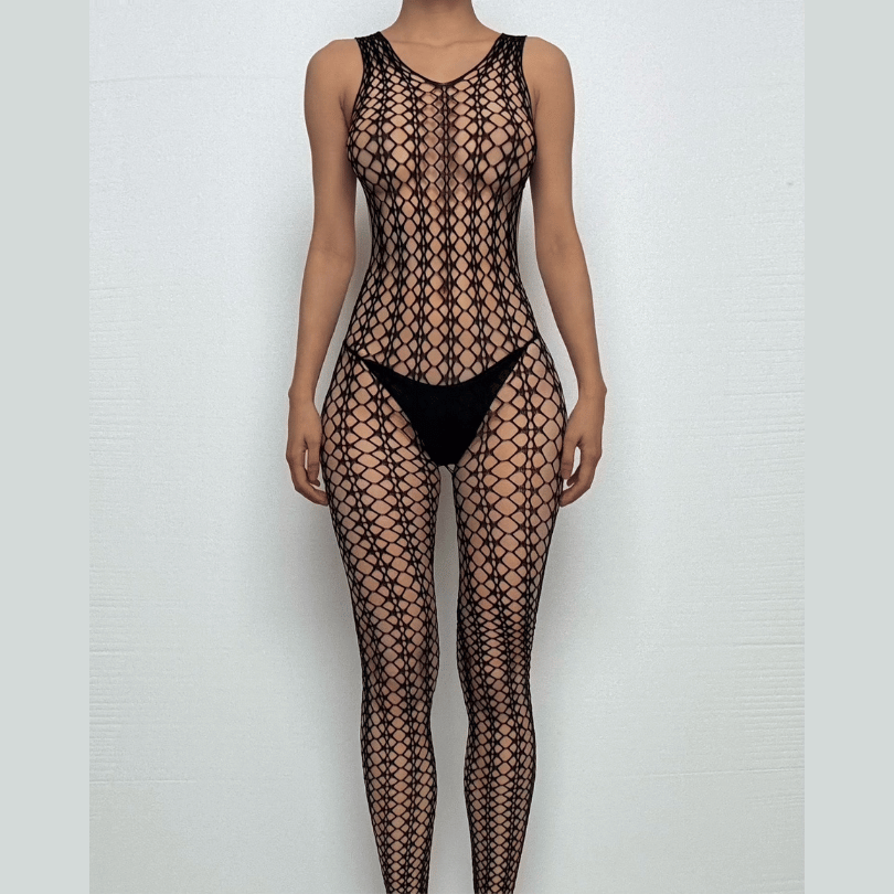 U neck sleeveless hollow out fishnet bodystocking  | Festival Outfits Women