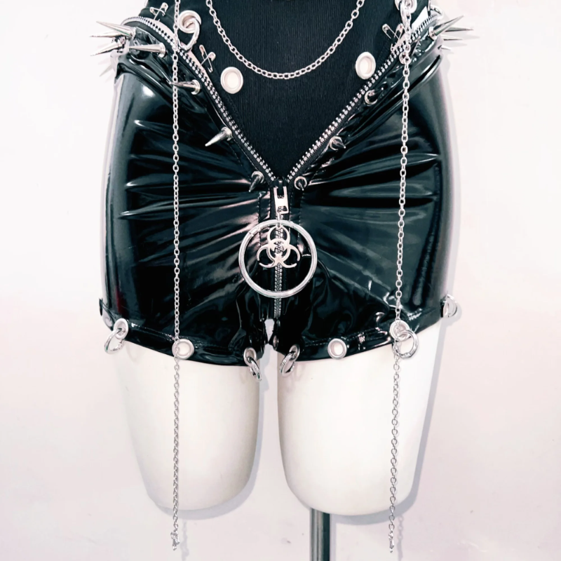 Hollow out o ring metal chain crewneck bodysuit  | Festival Outfits Women