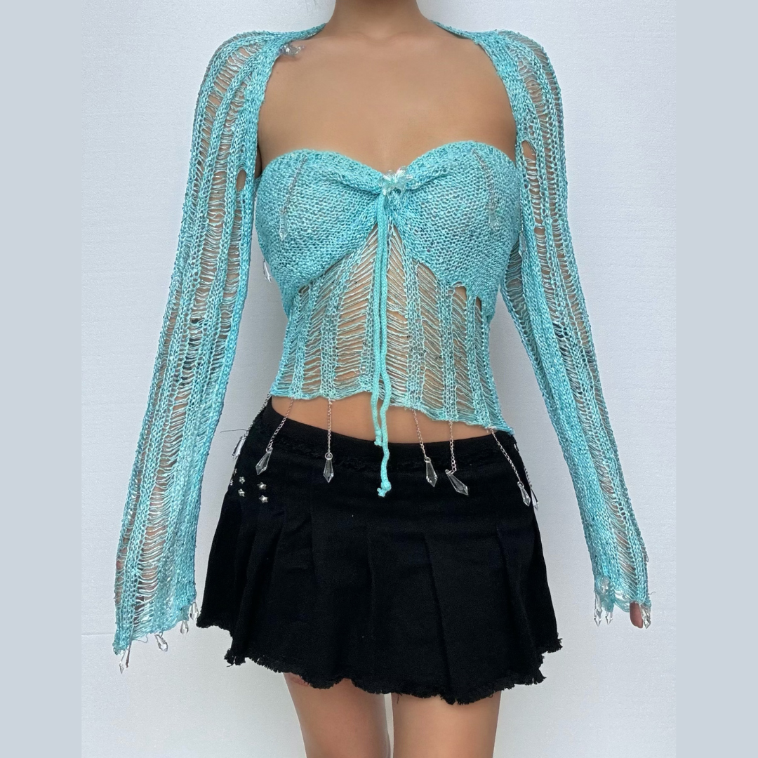 Halter knotted crystal pendant shrug hollow out ruched cut out top  | Festival Outfits Women
