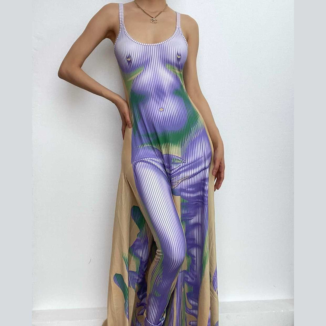 Body pattern u neck ruffle backless contrast cami maxi dress-final-sale  | Festival Outfits Women