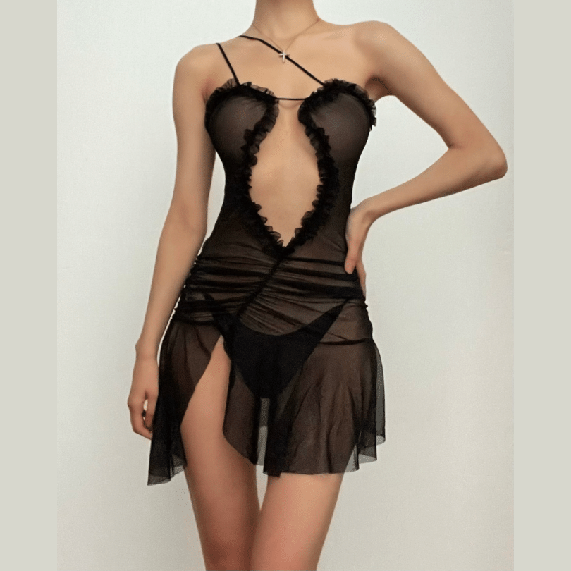 Ruched ruffle slit sheer mesh hollow out cami cut out mini dress-final-sale