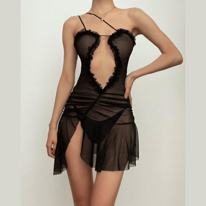 Ruched ruffle slit sheer mesh hollow out cami cut out mini dress-final-sale
