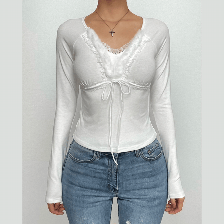 Fluffy patchwork solid long sleeve self tie top