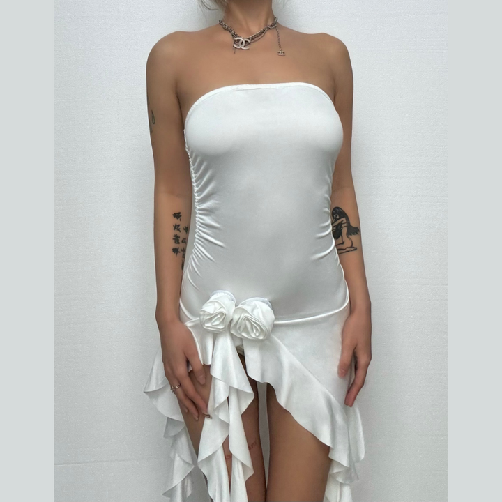 Rose applique ruffle ruched tube top  | Festival Outfits Women-final-sale