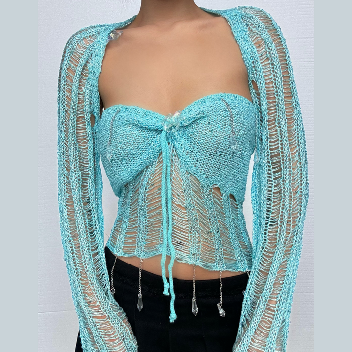 Halter knotted crystal pendant shrug hollow out ruched cut out top  | Festival Outfits Women