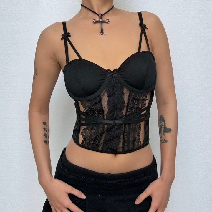 Hollow out lace hem bowknot v neck solid cut out top  | Festival Outfits Women-final-sale