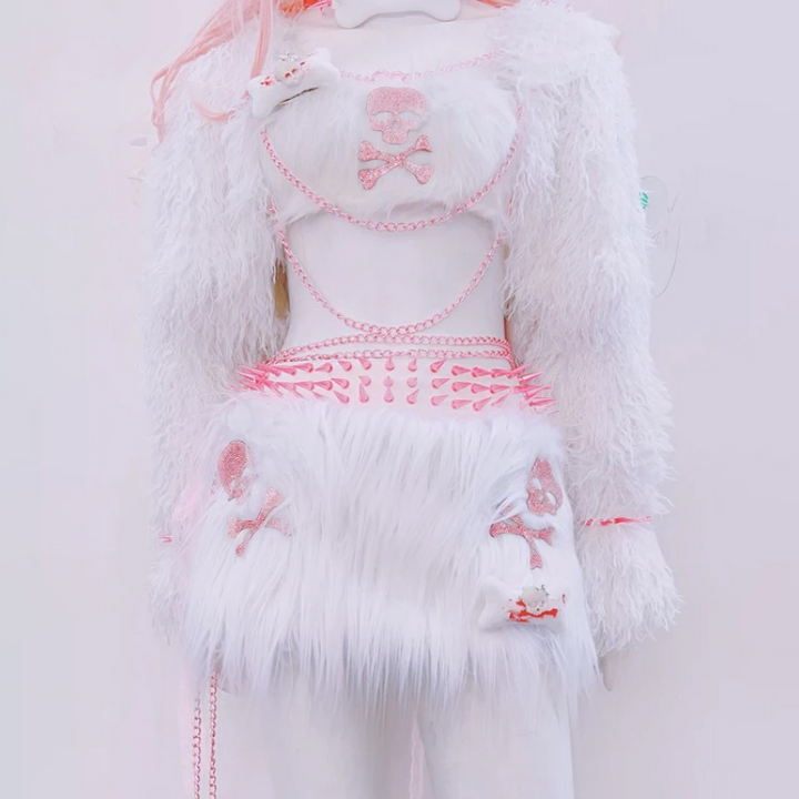 Metal chain fluffy bone applique long sleeve mini skirt set  | Festival Outfits Women