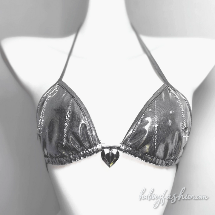 Metal chain halter hollow out cross applique top