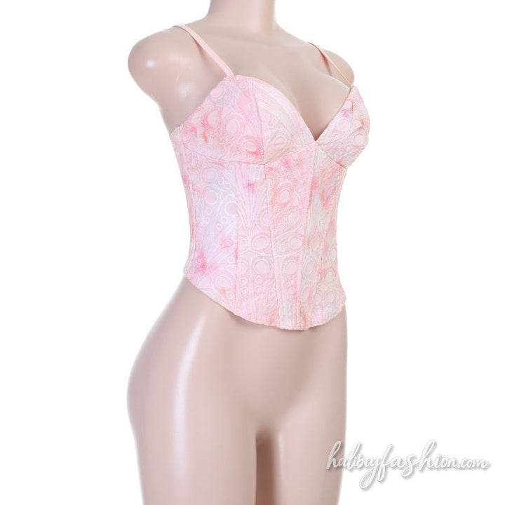 Print v neck corset zip-up backless cami top