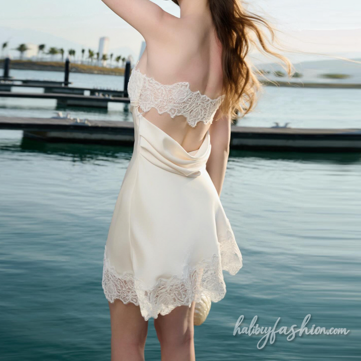 Irregular lace hem backless solid tube mini dress