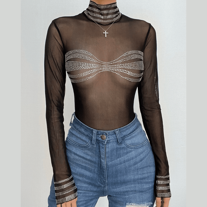 Beaded high neck long sleeve sheer mesh see through bodysuit  | Festival Outfits Women