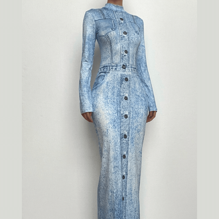 Denim print contrast high neck long sleeve maxi dress-final-sale  | Festival Outfits Women