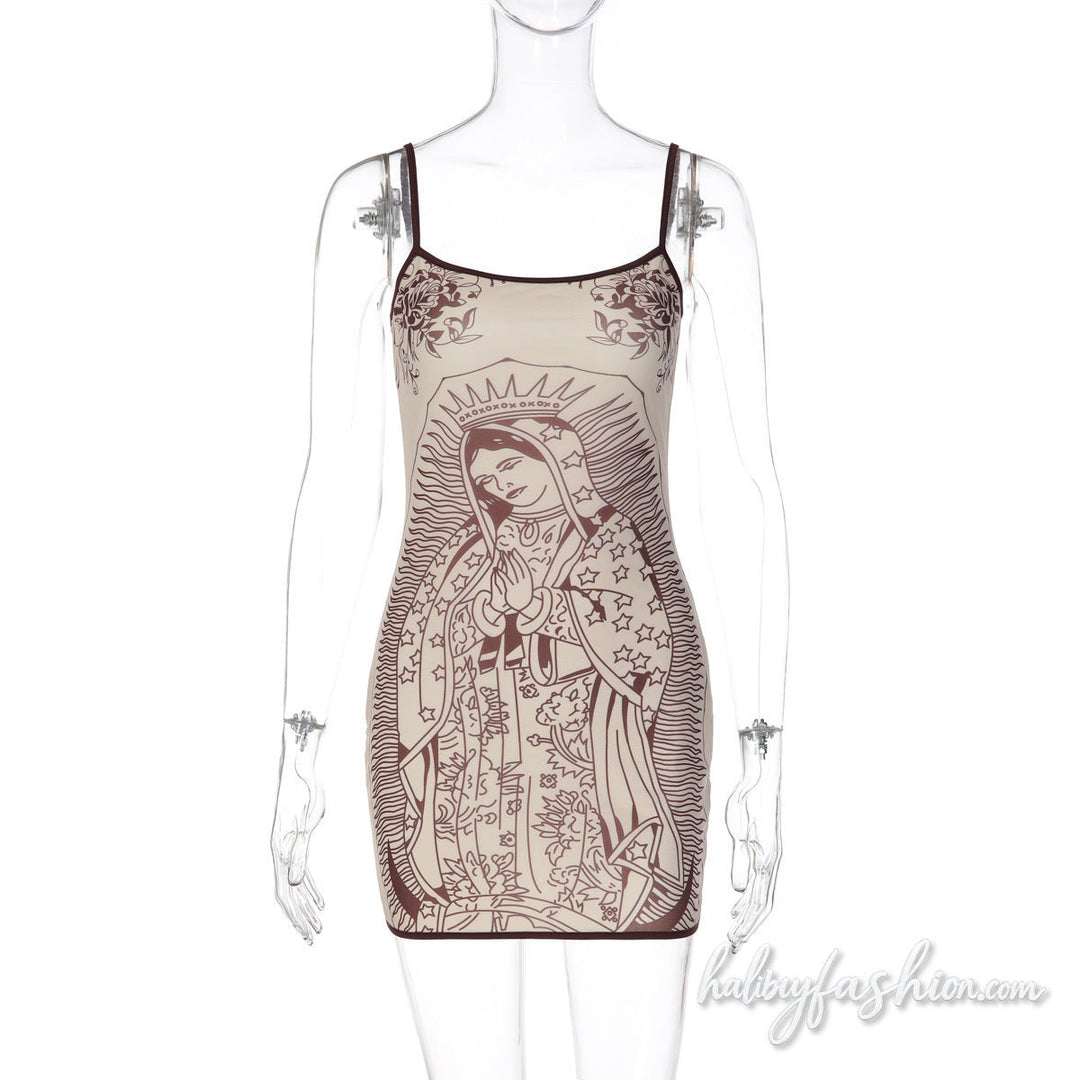 U neck characters print backless cami mini dress