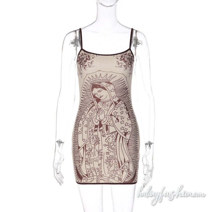 U neck characters print backless cami mini dress