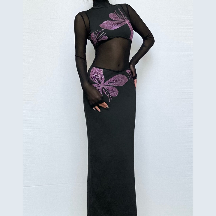 Long sleeve high neck beaded mesh slit midi dress  | Festival Outfits Women