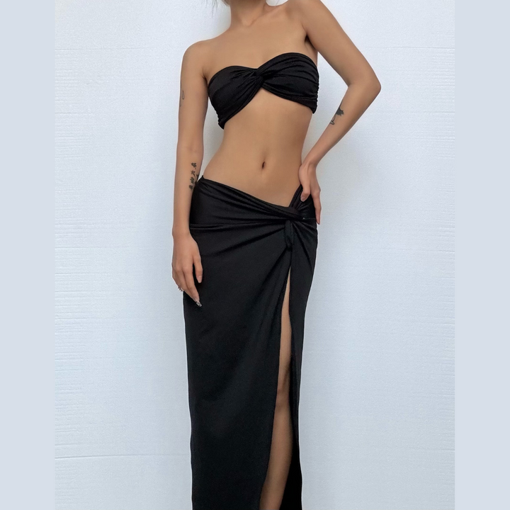 Sweetheart neck ruched slit maxi skirt set  | Festival Outfits Women