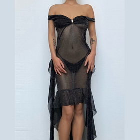 Off shoulder knotted glitter ruched maxi dress  | Festival Outfits Women-final-sale