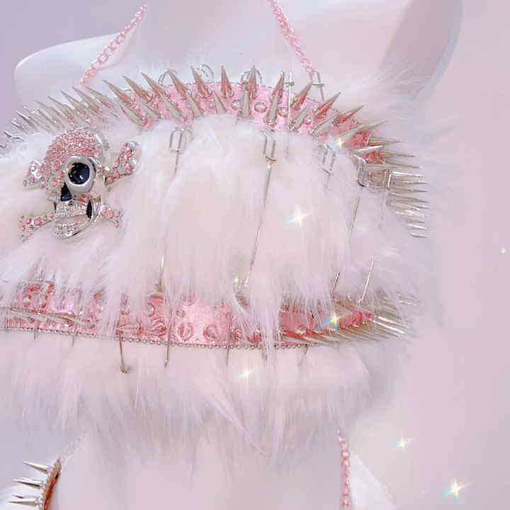 Fluffy skull applique metal chain o ring mini skirt set  | Festival Outfits Women