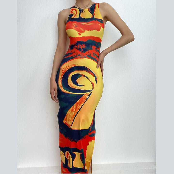 Crewneck sleeveless contrast print slit maxi dress-final-sale  | Festival Outfits Women