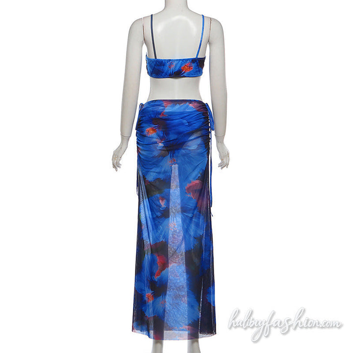 Drawstring ruched flower print cami maxi skirt set