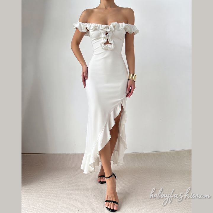 Off shoulder ruffle slit irregular hollow out midi dress