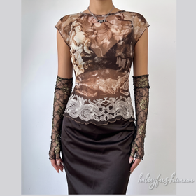 Cap sleeve ruffle crewneck print mesh top