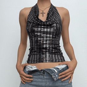 Textured cowl neck halter backless crop top