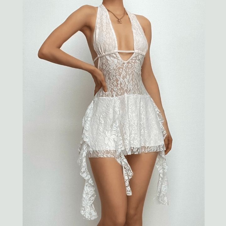 Halter v neck backless lace self tie hollow out cut out mini dress