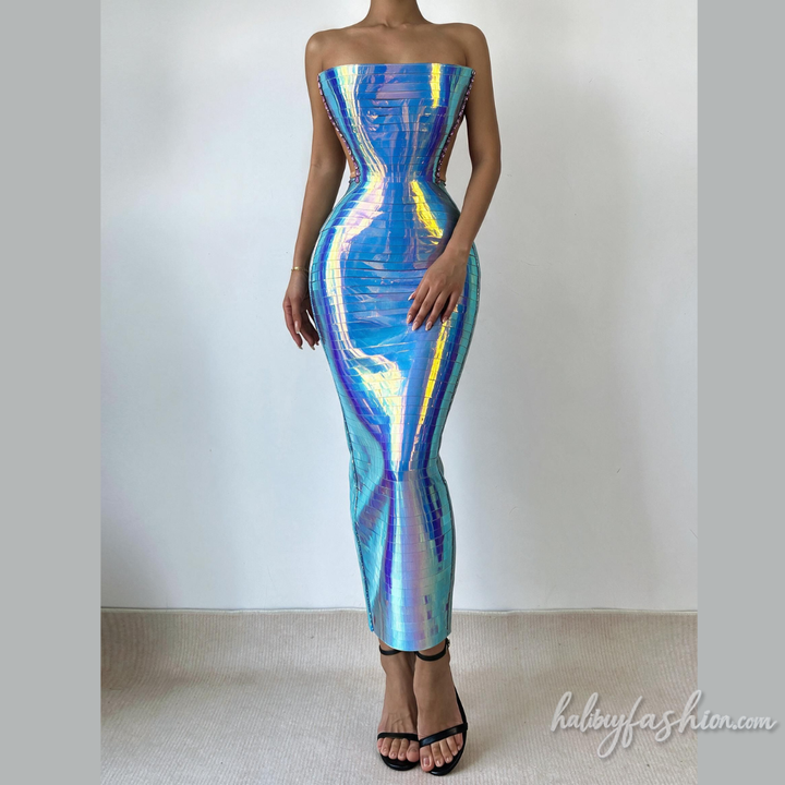 Metallic beaded backless tube maxi dress