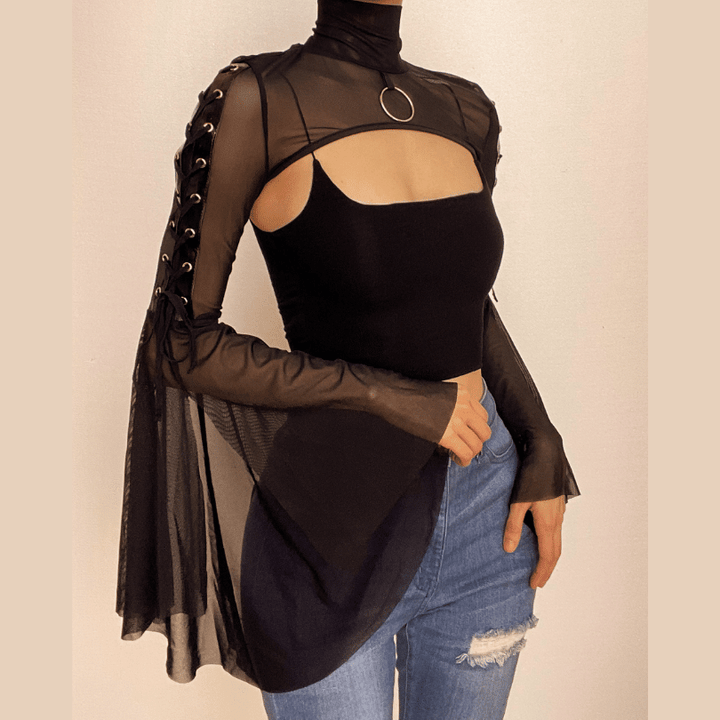 Flared sleeve o ring sheer mesh lace up shrug high neck top