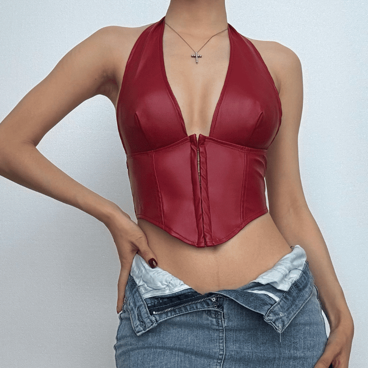 Halter PU leather V neck corset button top  | Festival Outfits Women