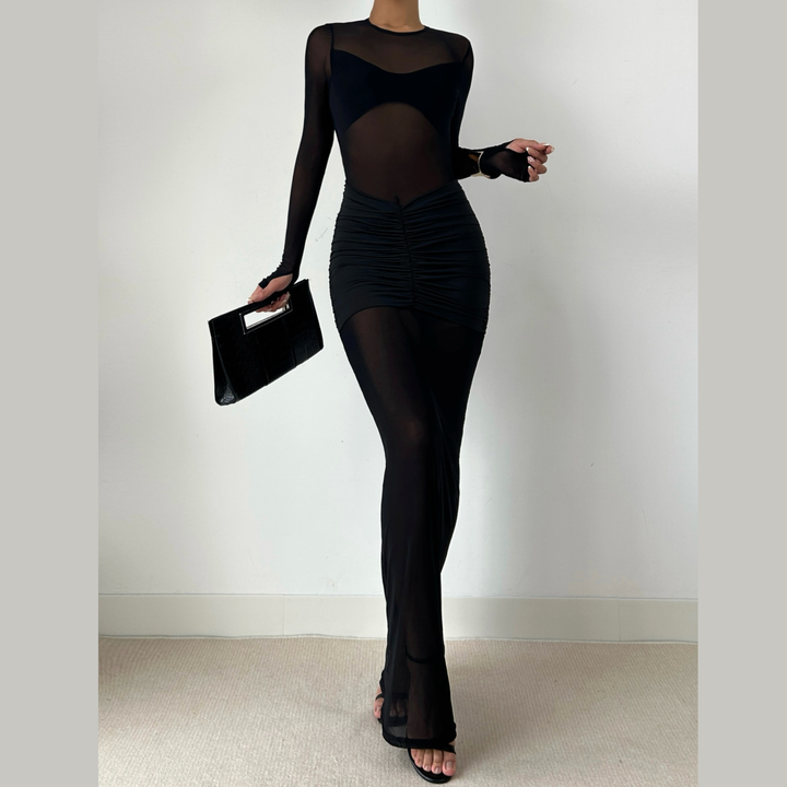 Long sleeve crewneck ruched mesh hollow out cut out maxi dress  | Festival Outfits Women-final-sale