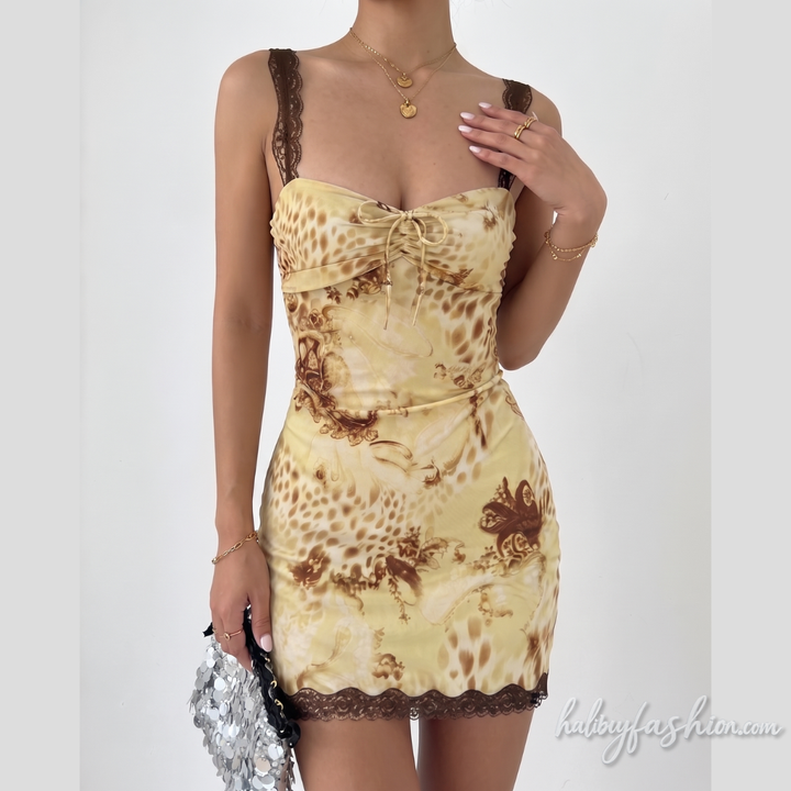 Lace hem ruched self tie print backless cami mini dress