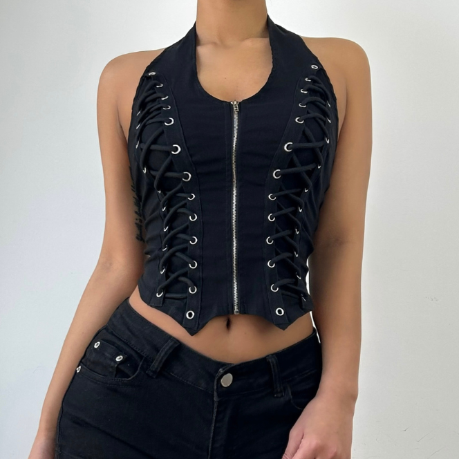 Zip-up u neck lace up sleeveless solid top  | Festival Outfits Women
