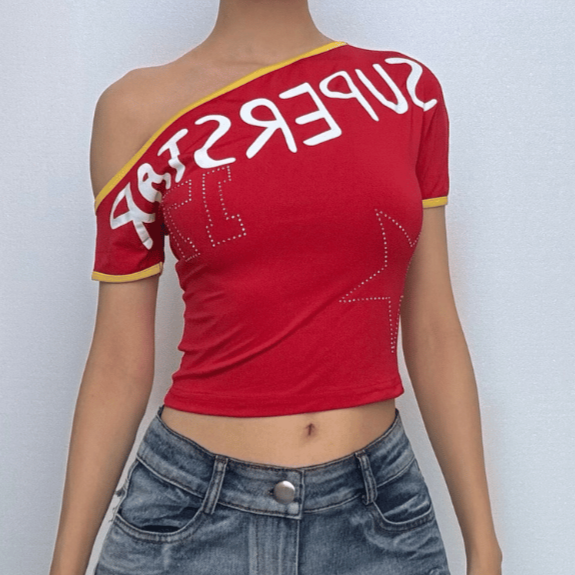 Short sleeve one shoulder “super star” print top  | Festival Outfits Women